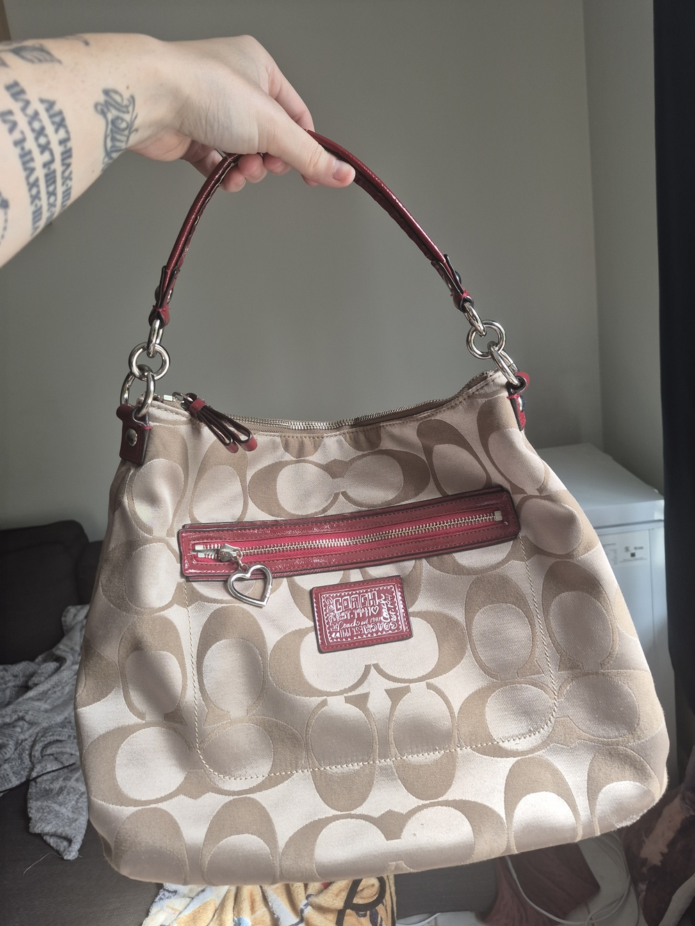 Coach Signature Canvas Shoulder Bag in Beige with Red Trim